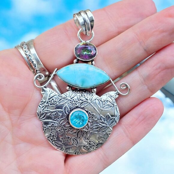 Mystic Fire Topaz, Larimar & Swiss Blue Topaz Forged In Sterling Silver Pendant - Picture 8 of 15